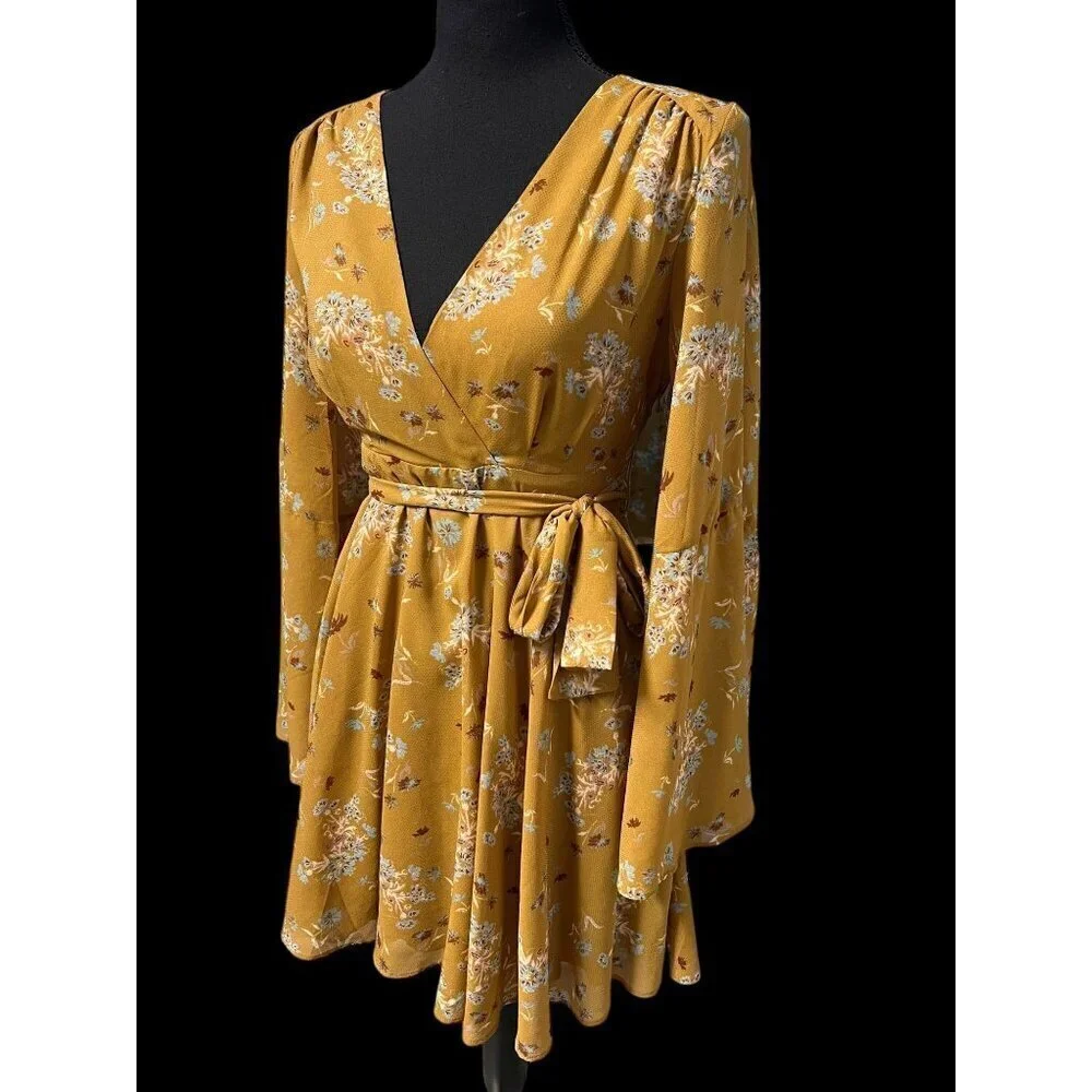 FREE PEOPLE Dress Women XS Yellow Floral Bell Sleeve Tie Waist cottagecore resor